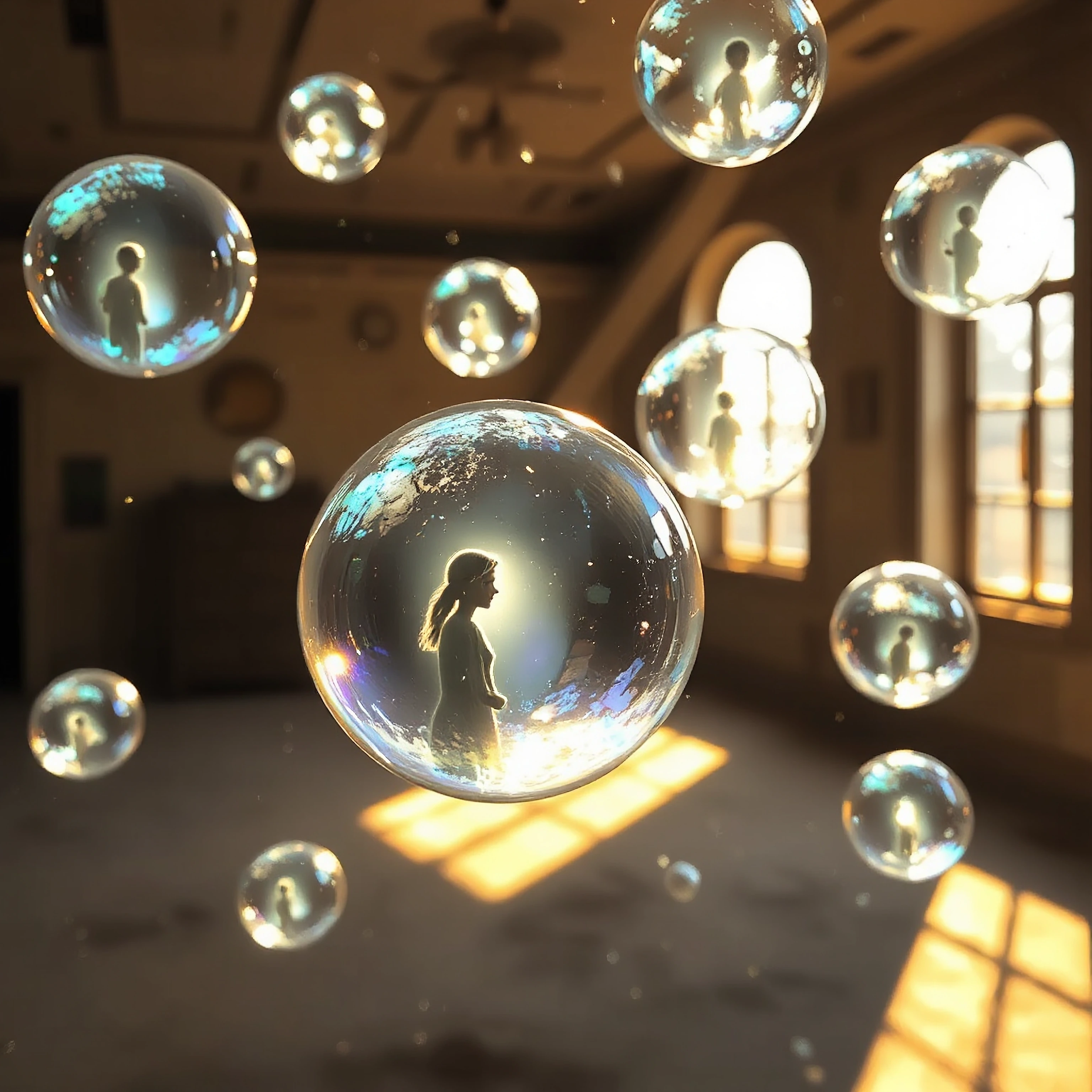 Translucent soap bubbles made of pure luminescent light floating through a dusty abandoned room, each bubble containing faded ghostly images of forgotten memories within their iridescent surfaces, soft golden rays piercing through cracked windows ill