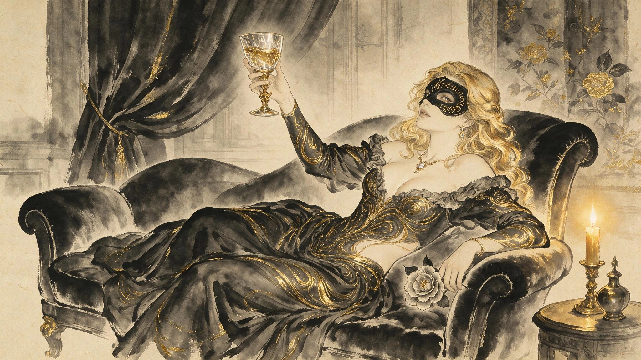 Render in a traditional Japanese Ink & Wash style; A baroque noblewoman with cascading waves of blonde hair and a sleek black halfface mask adorned with arcane gold runes reclines elegantly on a plush velvet chaise lounge, her corseted gown shimmerin