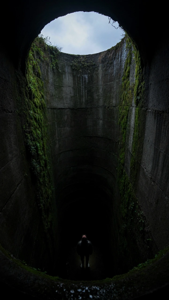 A dizzying top-down perspective looking straight down a deep, narrow stone well. The circular opening at the top frames a tiny patch of overcast sky, but the view plunges into suffocating darkness. Far at the bottom, barely illuminated by a faint, co