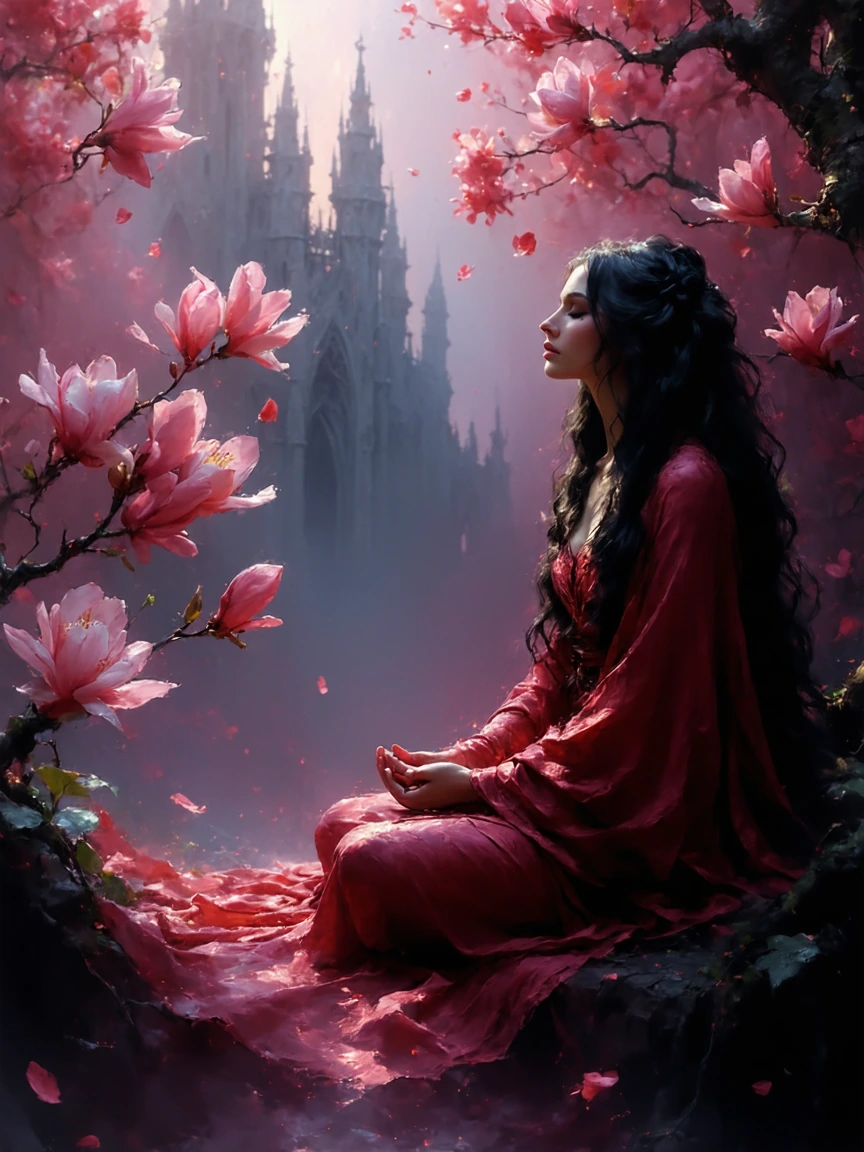 A stunningly beautiful scene of an ethereal goddess with lustrous long, wavy black hair and full crimson lips. She wears stunning multicolored robes. 