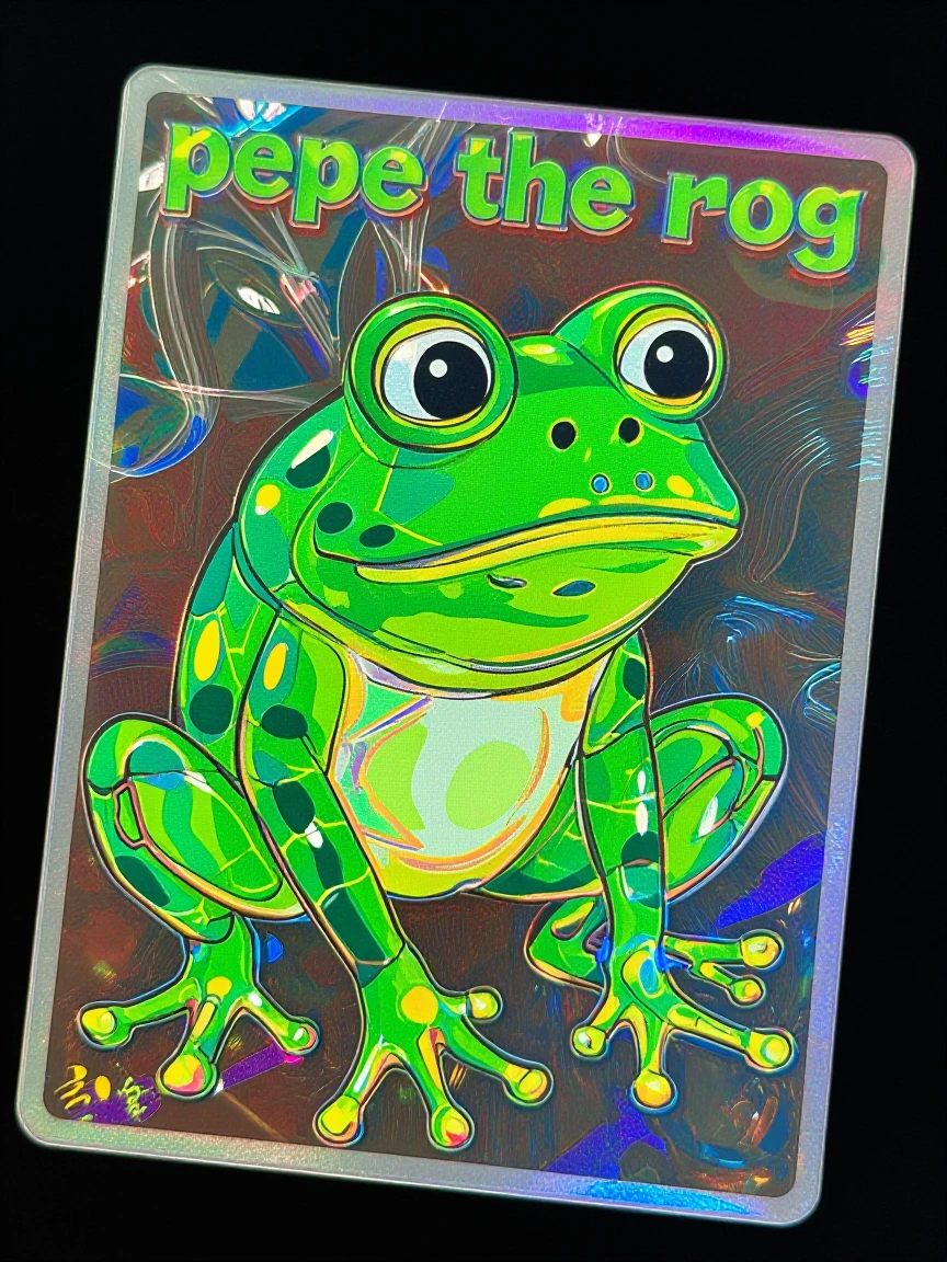 "Create an image of a transparent card suspended above a dark background. The card should display 'pepe the frog'. His skin should use semi-transparen
