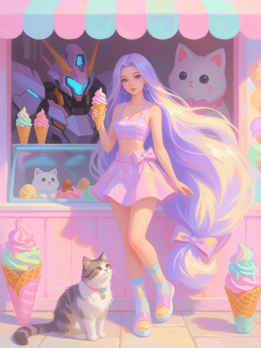 woman long flowing purple cream hair, with a cat and with a mecha, at a kawaii ice cream shop, pastel painting