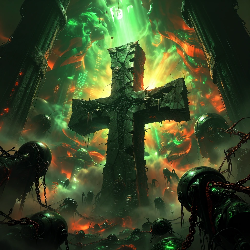 Vertiginous crater cross-section: alien horror clawing from obsidian depths, its biomechanical form fractured and corroded. Surrounding it—collapsed megastructures of impossible geometry, their concrete surfaces webbed with cracks leaking bioluminesc