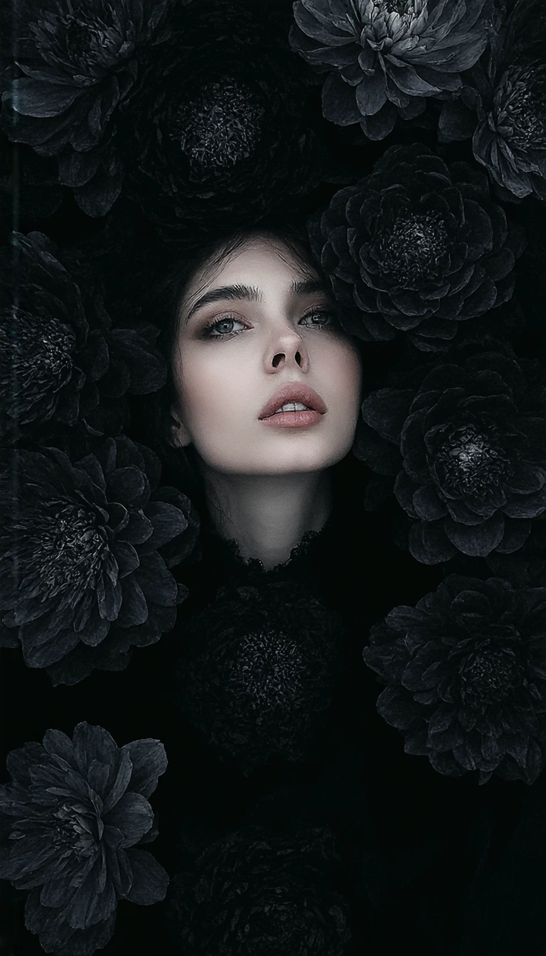 A highly detailed and very trendy portrait photo of a young Victorian Gothic woman whose face is submerged up to her chin in a dense, lush and darkly romantic tapestry composed of deep-toned black dahlias. The woman has porcelain white skin, dark hai
