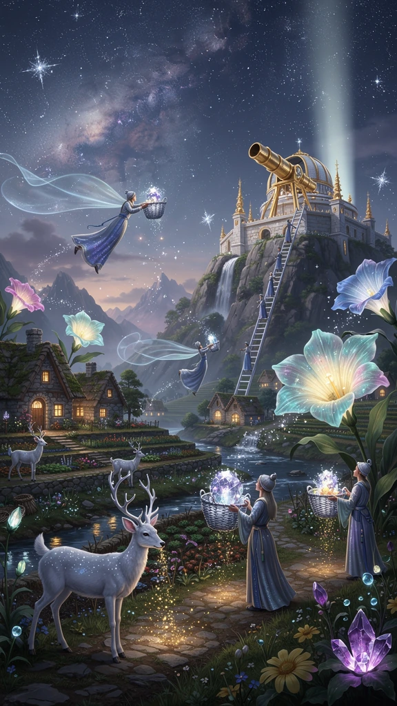 On a breathtaking mountainside beneath a sky alive with thousands of falling stars, a hidden village celebrates the sacred Harvest of Falling Stars. Graceful harvesters in flowing celestial robes climb elegant crystal ladders and glide through the ni