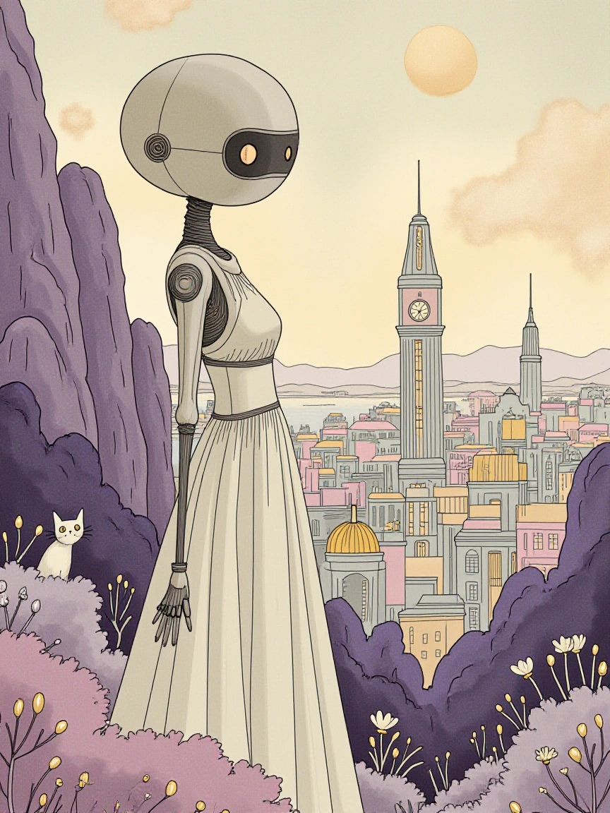 A beautiful futuristic woman robot, elegant and serene, with a cat partially hidden in the scene, set against a distant futuristic town. Dreamlike sci-fi composition with the woman in the foreground and the city receding into atmospheric depth. Style