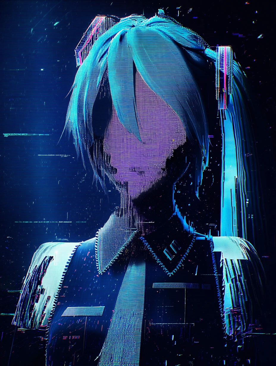 haunting upper body portrait of a hatsune miku, pigtails, wearing her iconic dress, her form partially dematerializing into streams of digital code an