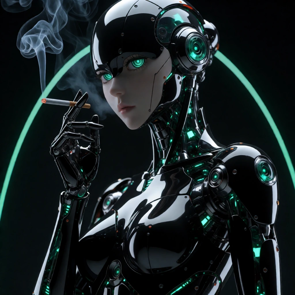 A sleek female cyborg in black lacquered panels with jade bioluminescence glowing beneath translucent seams at the neck and joints. Her segmented emerald-light eyes refract like layered glass optics. She holds a cigarette between polished fingers; sm