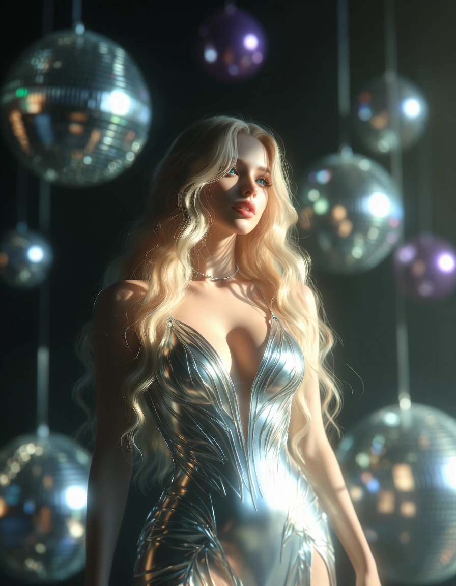 a highly detailed digital illustration in a realistic, hyper-realistic style, it depicts a young woman with a fair complexion and striking blue eyes. She has long, wavy blonde hair cascading over her shoulders, and her facial features are delicate, w