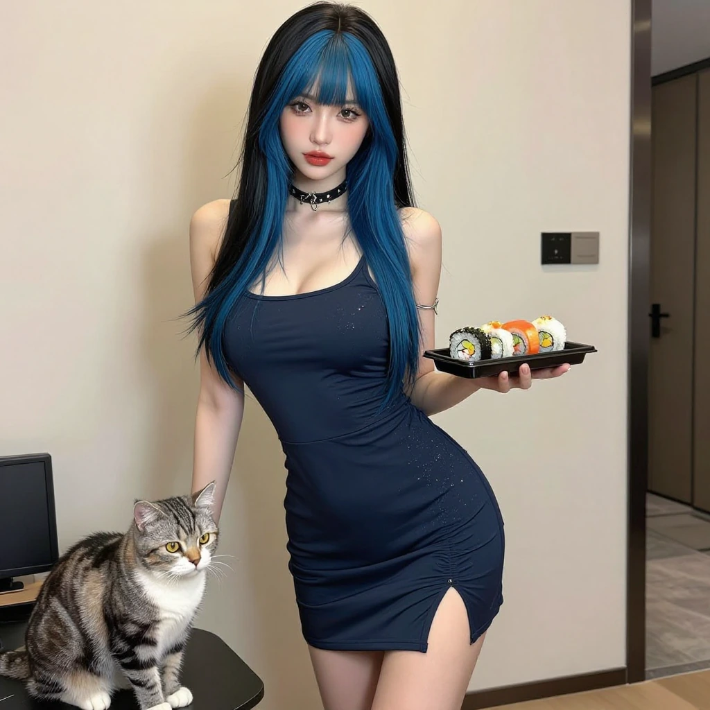 Woman, long black blue hair with bangs, side-slit minidress, holding a plate of sushi, cat nearby.