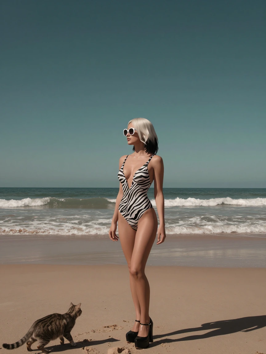 Beautiful woman, platinum blackombre hair wearing a one piece zebra swimsuit and black platform high heel shoes. She is on the beach with her cat and is wearing white sunglasses.