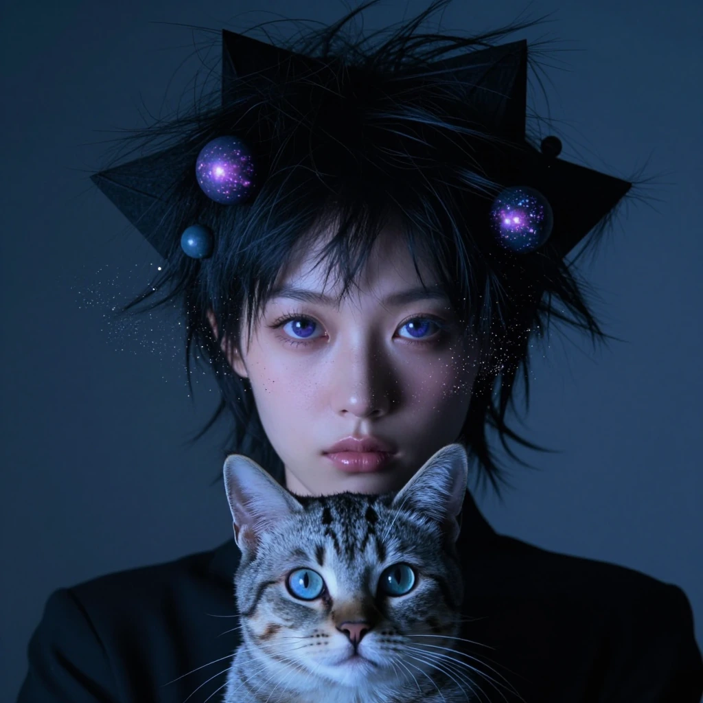 Close-up portrait of a woman with wild, asymmetrical hair sculpted into sharp geometric shapes and floating spheres, her eyes reflecting distant galaxies, delicate wisps of cosmic dust surrounding her face, cradling a wide-eyed kitten with fur that m