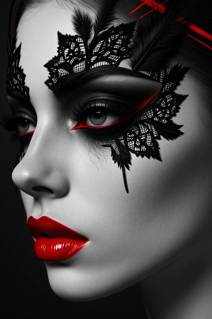 Extreme close-up side profile portrait, woman with grey porcelain skin, avant-garde black feathered lace eye makeup covering upper face, sharp red sla
