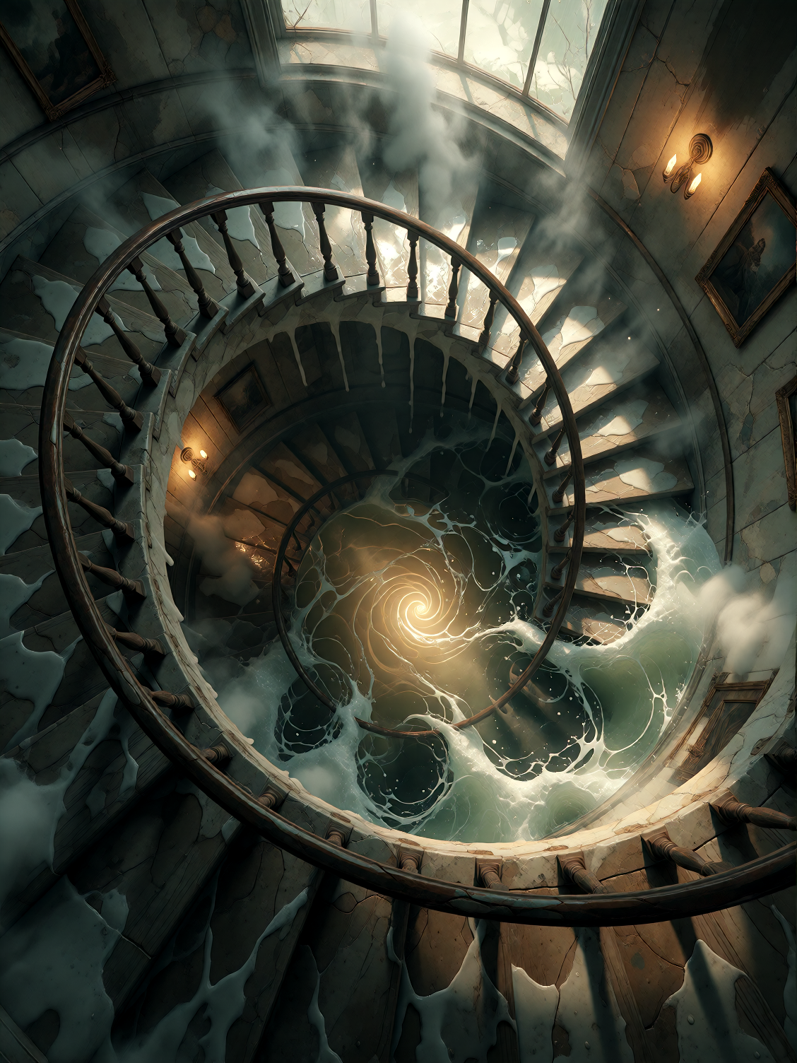 A surreal, darkly poetic scene: an endless spiral staircase twisting downward into a vast pool of violently boiling water, the staircase disappearing beneath the churning surface, steam and vapor rising like ghostly tendrils, warped stone steps slick