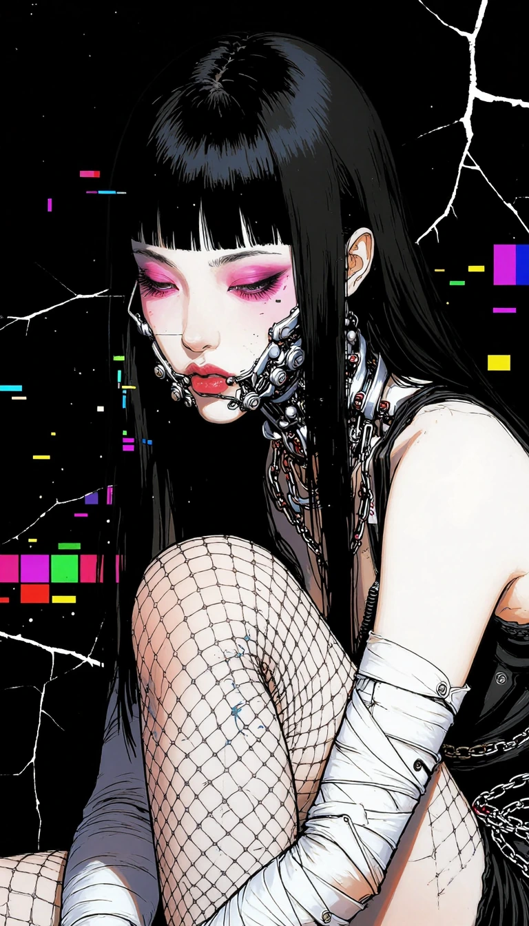 # Digital Cyberpunk Portrait A striking digital artwork depicts a pale-skinned figure with voluminous black hair and blunt bangs, eyes downcast with p