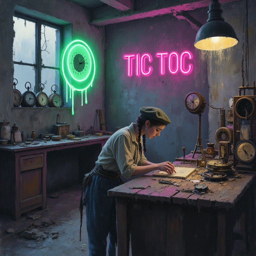 Haggard clockmaker's workshop in crumbling megacity, brunette with weathered pigtail braids and tattered beret hunched over scarred wooden table, fingers trembling among scattered rusted gears and corroded brass components, worn canvas work clothes s