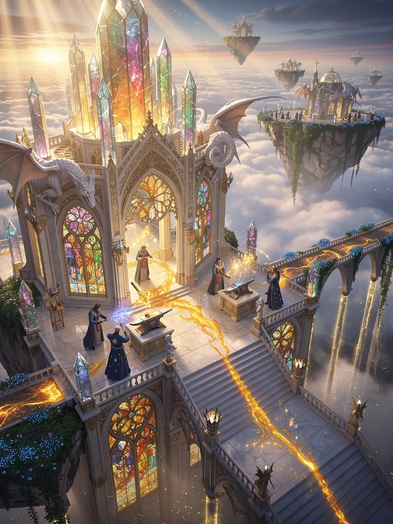 High above the clouds, an immense cathedral has been carved directly into the summit of a floating mountain where the stars themselves are forged into magical relics. Gigantic crystal spires rise toward the heavens, reflecting sunrise in dazzling rai