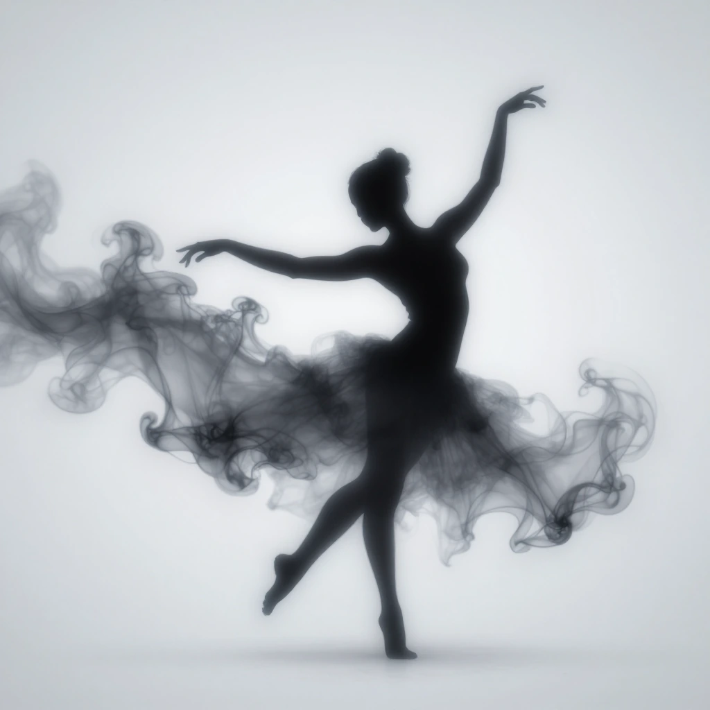 a dancer made of swirling smoke and mist, isolated against a clean white background, graceful mid-mo…