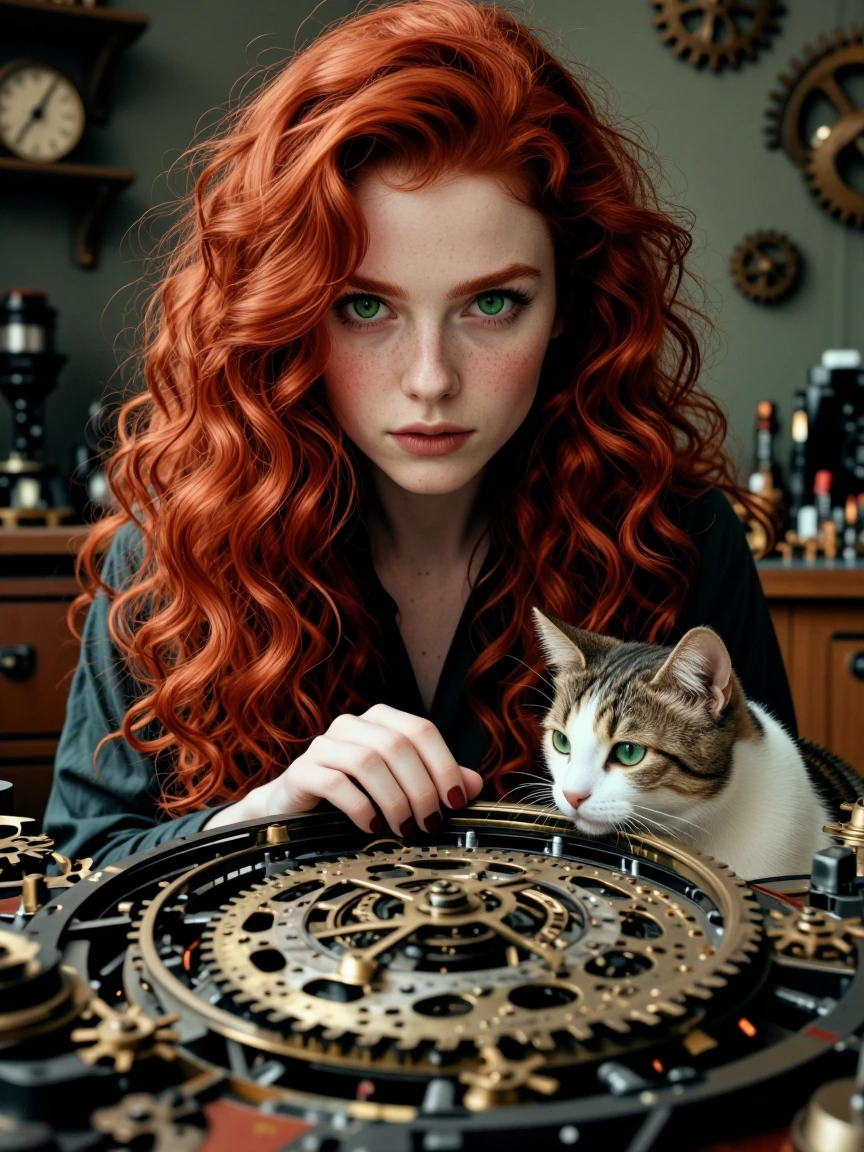 Clockwork redhead green-eyed beauty clockmaker’s apology. Cat watching time