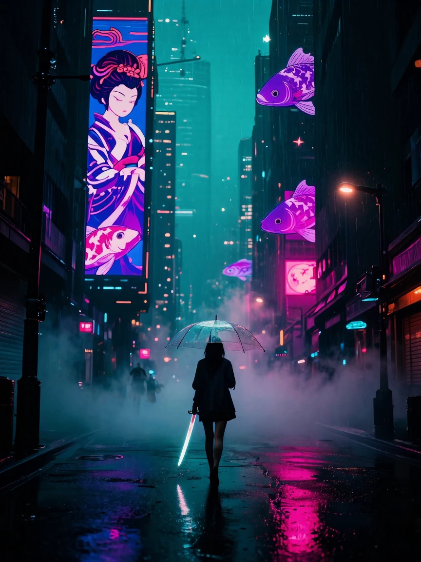 Neon-noir cyberpunk street, heavy rain at night, reflective wet asphalt, a tall futuristic Asian city with holographic geishas and giant purple/pink koi fish swimming between skyscrapers, a lone woman with a transparent umbrella holding a glowing kat