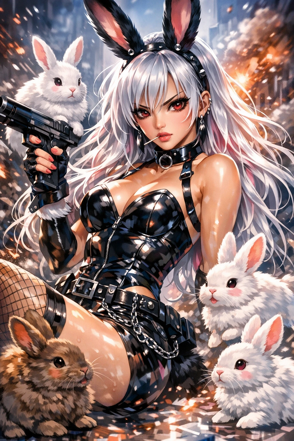 Badass bunny girl, with bunnies, airbrushed manga style.