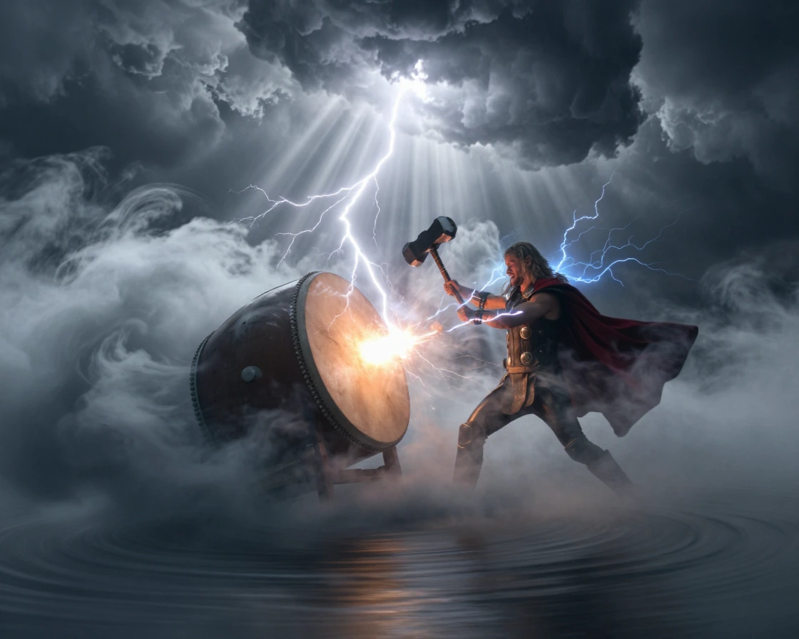 Thor inside a roiling dark thundercloud, mid-swing of Mjolnir striking a massive iron drum suspended in the mist, the moment of impact frozen—visible shockwaves radiating outward as concentric rings of disturbed cloud, lightning forking along the pre