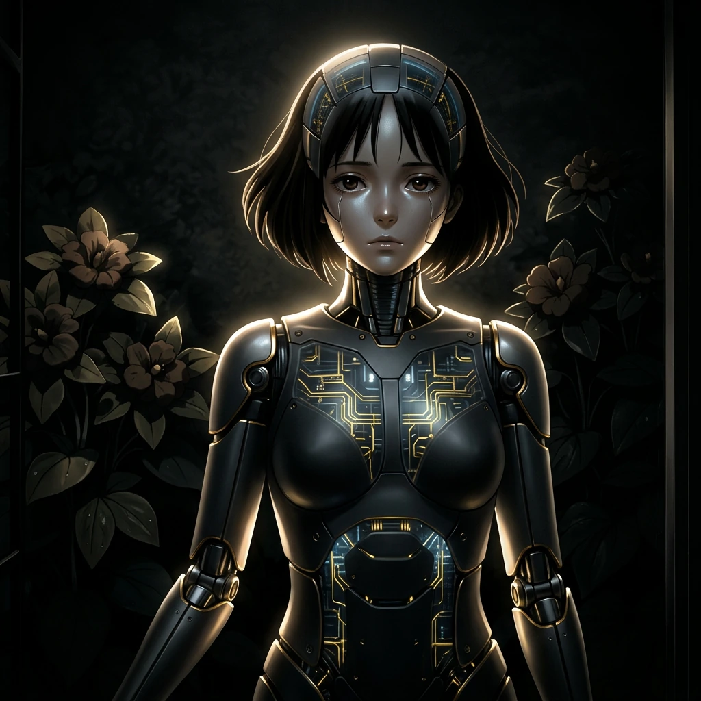 An android woman with synthetic dermis and luminescent circuitry visible beneath translucent panels, rendered in the chiaroscuro tradition with aureat