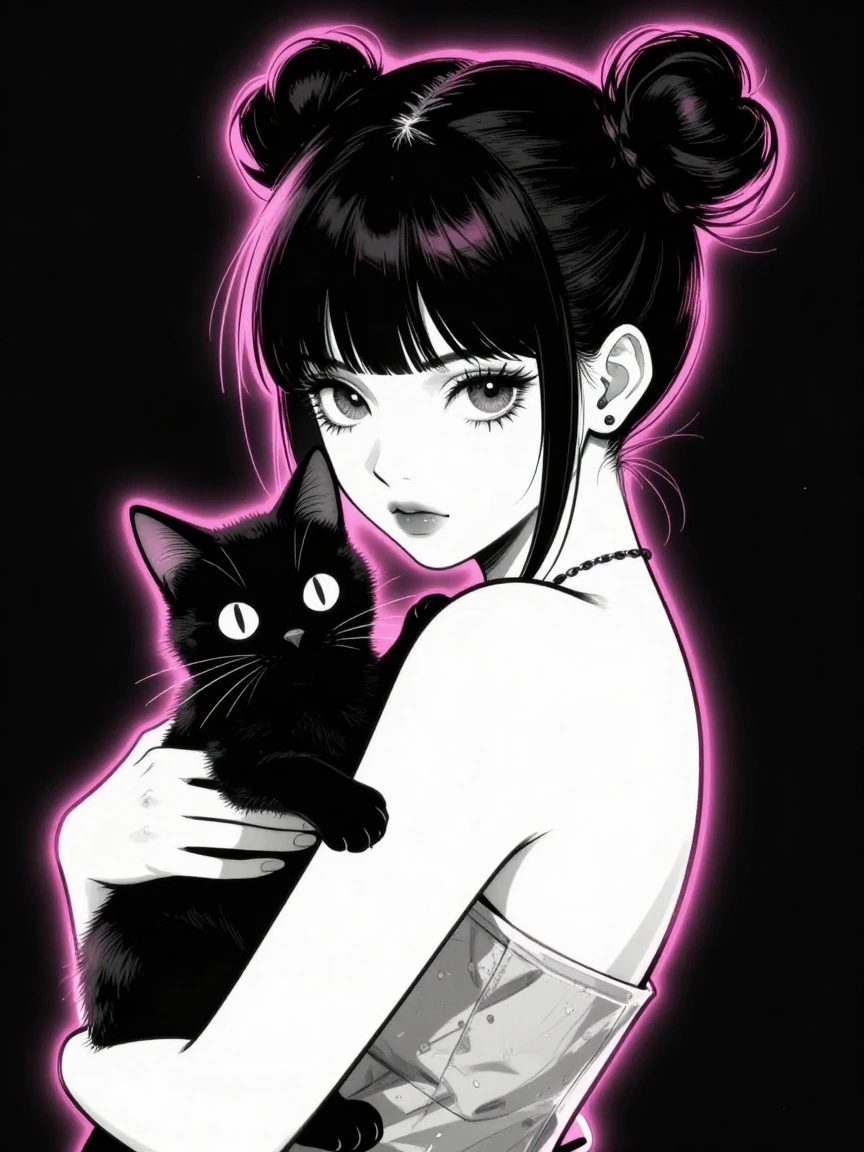 girl with twin buns and bangs holding black cat and looking back over her shoulder , high contrast black and white illustration with one pop of matte pink, neon glow effects, cyberpunk aesthetic, dramatic rim lighting, dark background, manga art styl