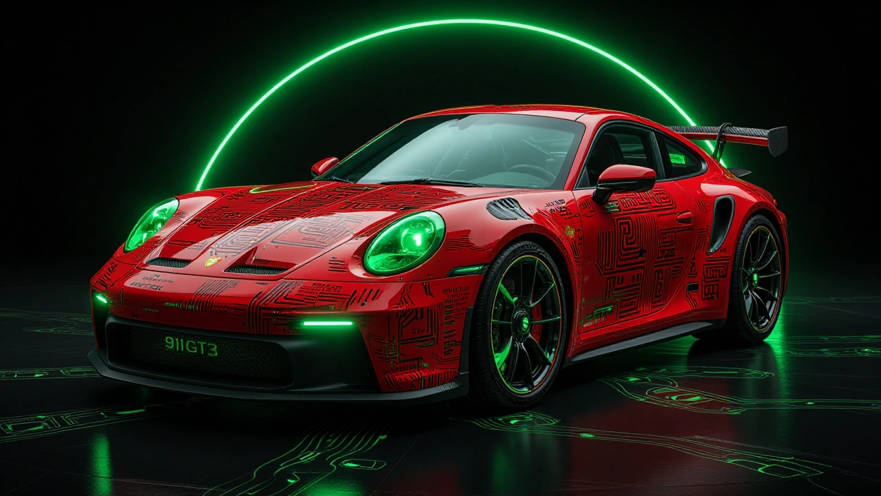 A detailed, full-body portrait photograph of a Porsche 911 GT3 (992 generation), rendered in a flawless, ultra-high-gloss deep candy apple red lacquer finish. The paint surface is incredibly smooth, wet, and glass-like, with extreme depth, appearing
