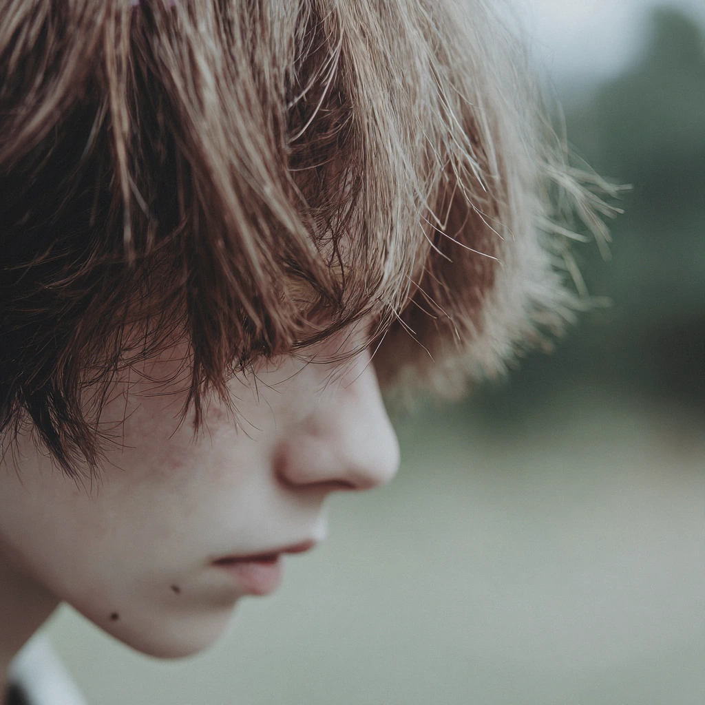 close up, messy hair, pale skin