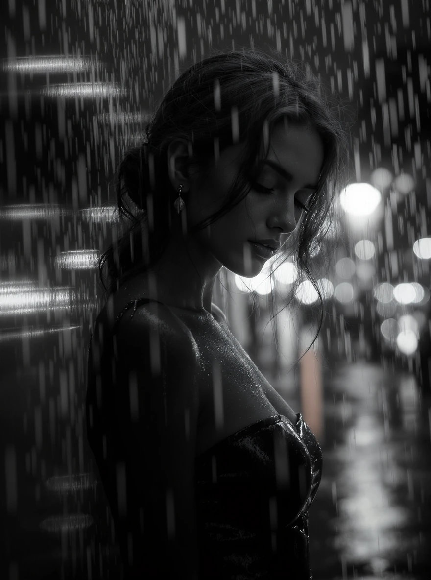 { "elements": { "color_palette": { "dominant_colors": [ "black", "white", "gray" ], "tones": "monochrome with high contrast" }, "composition": { "depth": "layered with foreground (raindrops), middle (subject), background (city lights)", "framing": "s