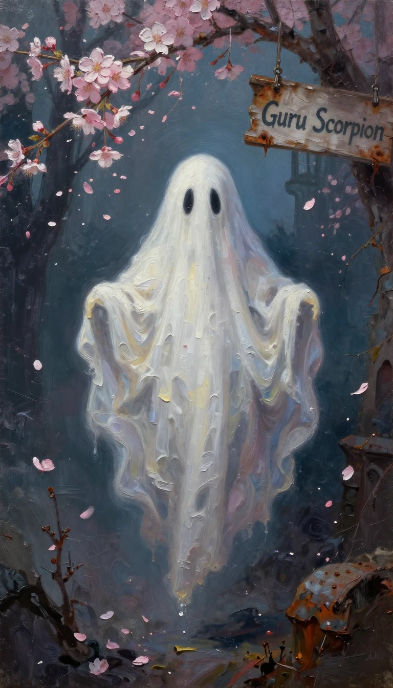 A cute ghostly white-draped figure floats ethereally against a moody blue-gray backdrop, surrounded by many delicate pink cherry blossoms swirling in 