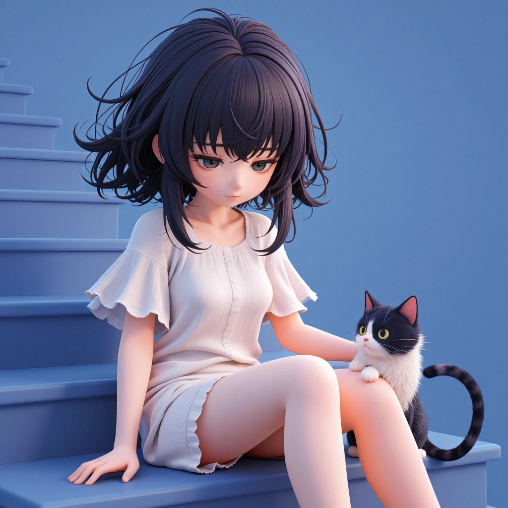 anime girl sitting on steps with cat