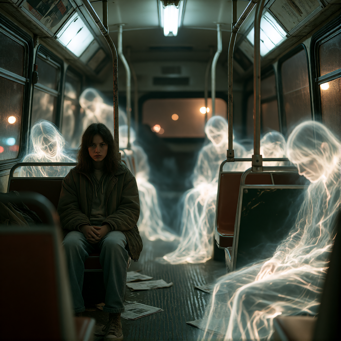 Capture a 20-year-old woman sitting alone on a worn city bus seat, her posture tense, hands clenched in her lap, staring blankly ahead while translucent ghostly apparitions fill the seats around her, unnoticed. Render the ghosts as semi-transparent f
