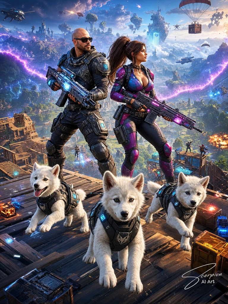 Fortnite Theme: Last One Standing Prompt: Create a breathtaking hyper-realistic cinematic battle royale adventure inspired by colorful competitive survival games. Feature our favorite couple as elite battle-royale heroes fighting side by side across