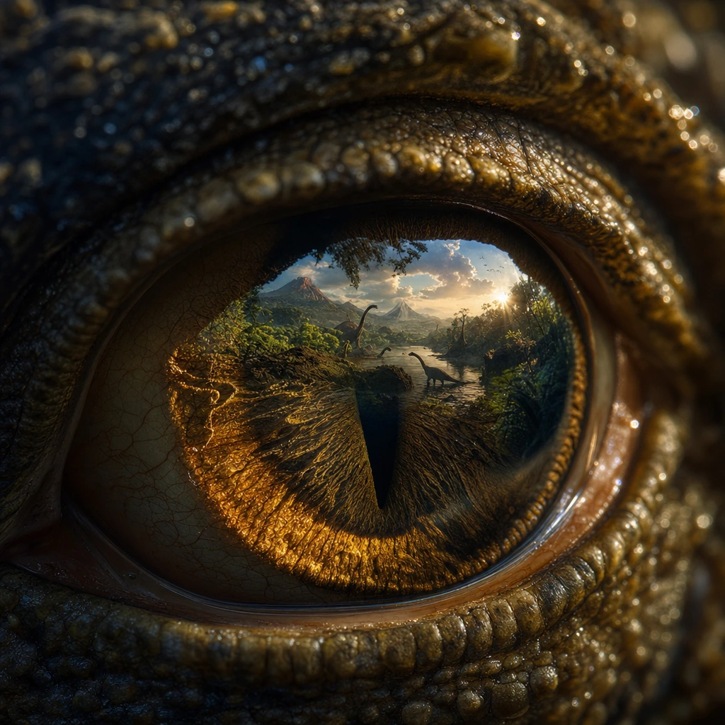 Capture an extreme macro close-up of a Tyrannosaurus rex eye, filling the entire frame with its ancient reptilian texture. Show the leathery, pebbled eyelid skin in rich olive-brown tones, creases deep and weathered like cracked earth, a few coarse s