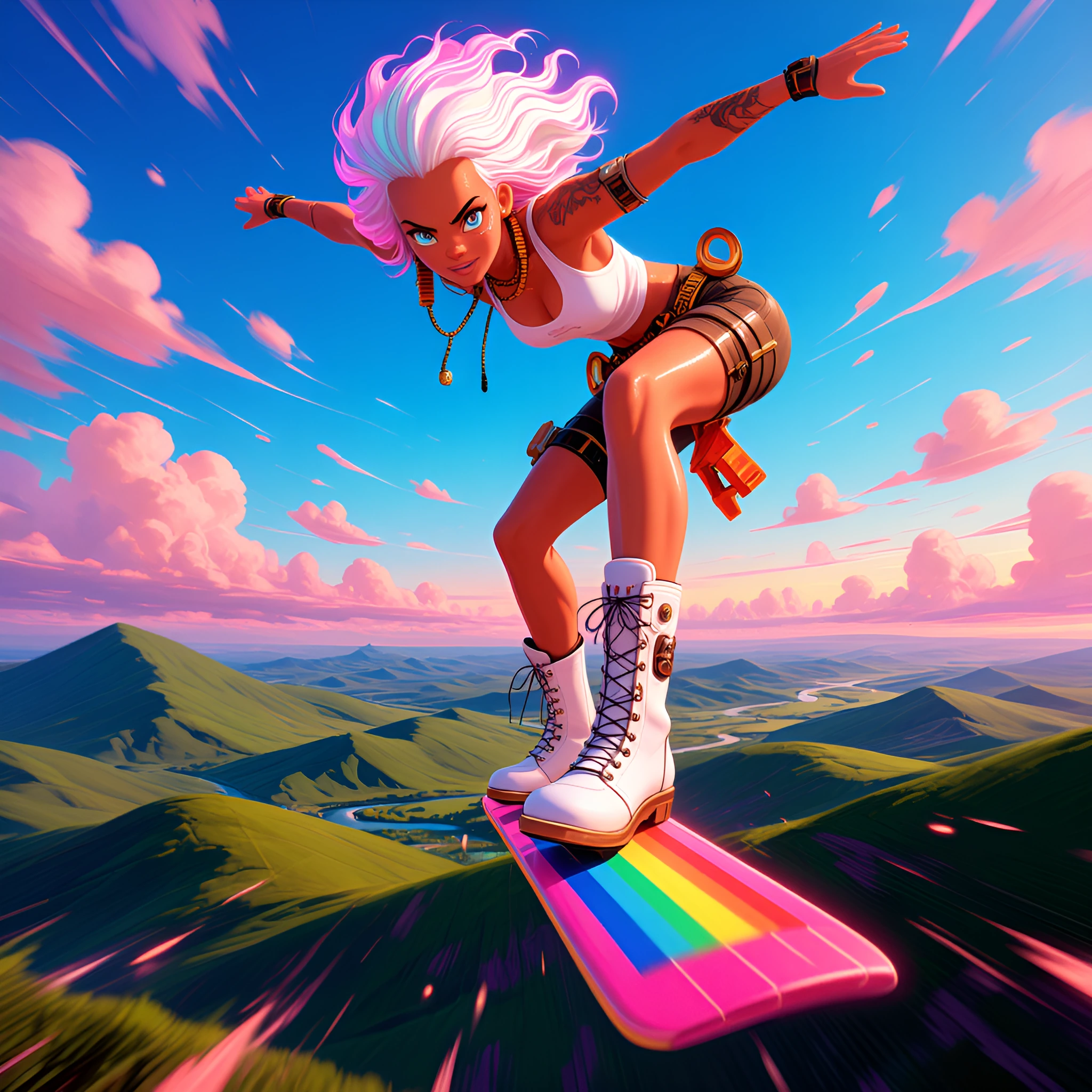 # Sky Rider An animated character with platinum blonde hair and striking blue eyes performs an aerial trick on a vibrant neon-pink and rainbow-striped wakeboard. She wears a white crop top, black shorts, and white lace-up boots with visible tattoos a