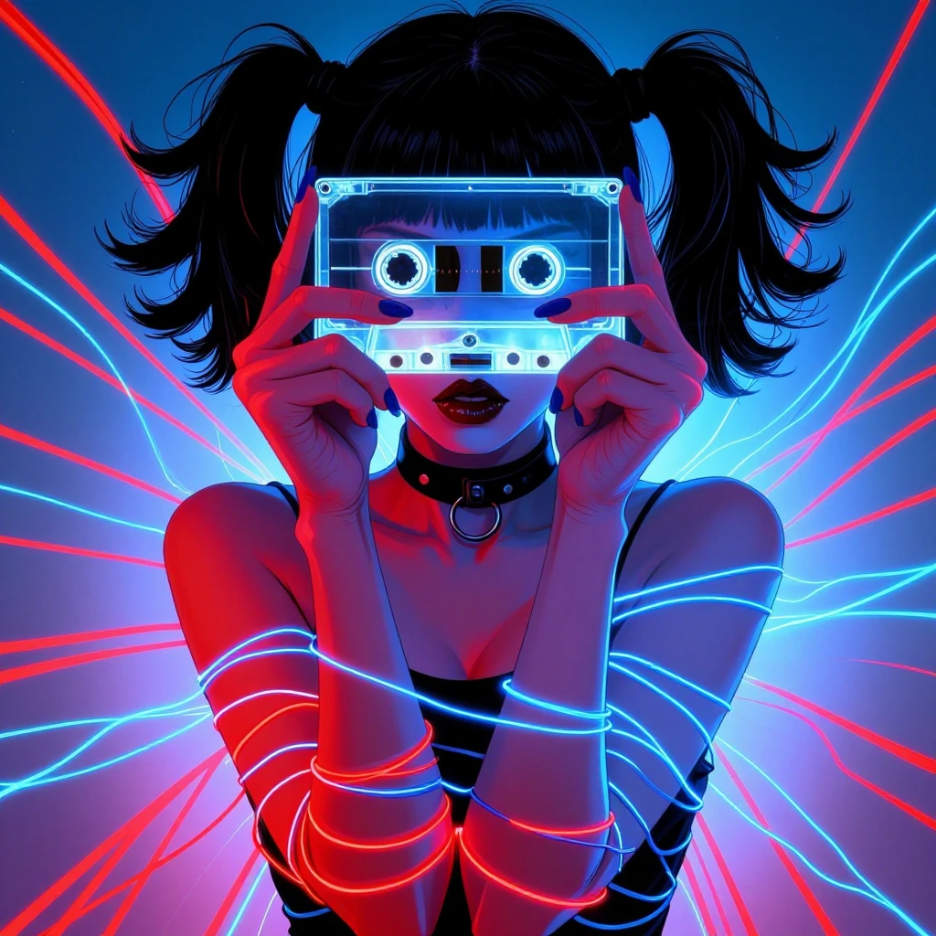 whimsical storybook illustration: A woman holds a transparent cassette tape in front of her face, gripping its edges with dark blue-painted nails. The cassette casts a vibrant glow, obscuring her features as she tightly wraps her arms around it. Her 