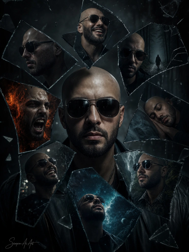 A surreal cinematic portrait of a bald man with trimmed beard and sunglasses reflected through shattered mirror fragments, rendered in ultra-detailed hyperrealistic digital art. The subject has a calm, neutral expression while each mirror fragment re