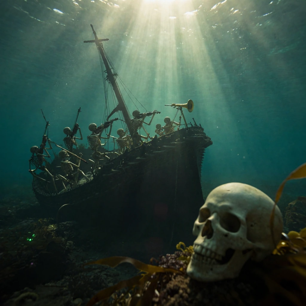 Extreme wide shot of a barnacled shipwreck tilted on the ocean floor, shot in anamorphic with horizontal lens flare streaking across frame. Skeletal figures arranged in a spectral orchestra, instruments raised—violin bows mid-stroke, horns catching f