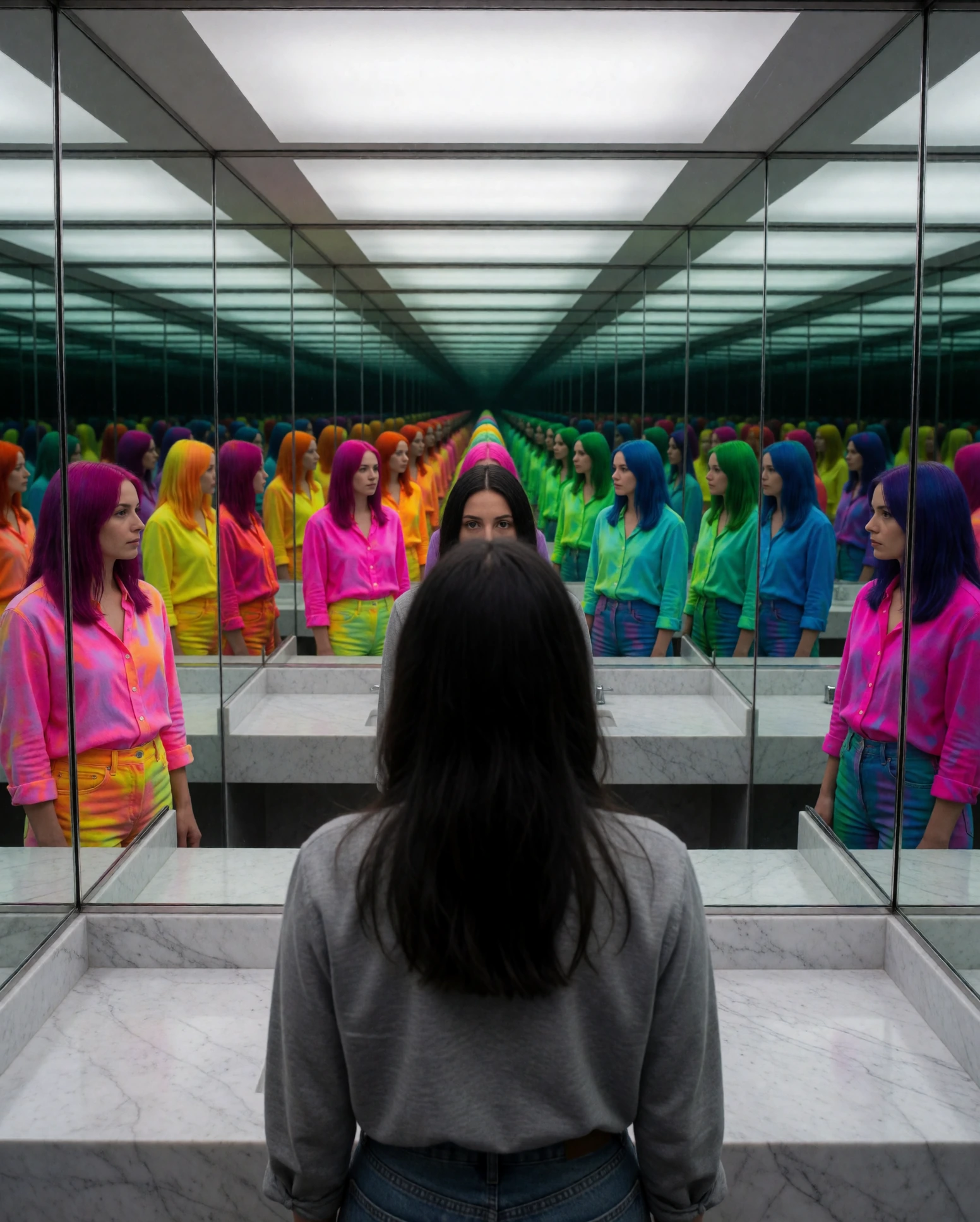 A woman looking into a bathroom mirror, but her reflection has turned around to look at the mirror behind her and in that mirror, a third version is doing something else, and it recurses into a hall of mirrors where each version is a more saturated, 