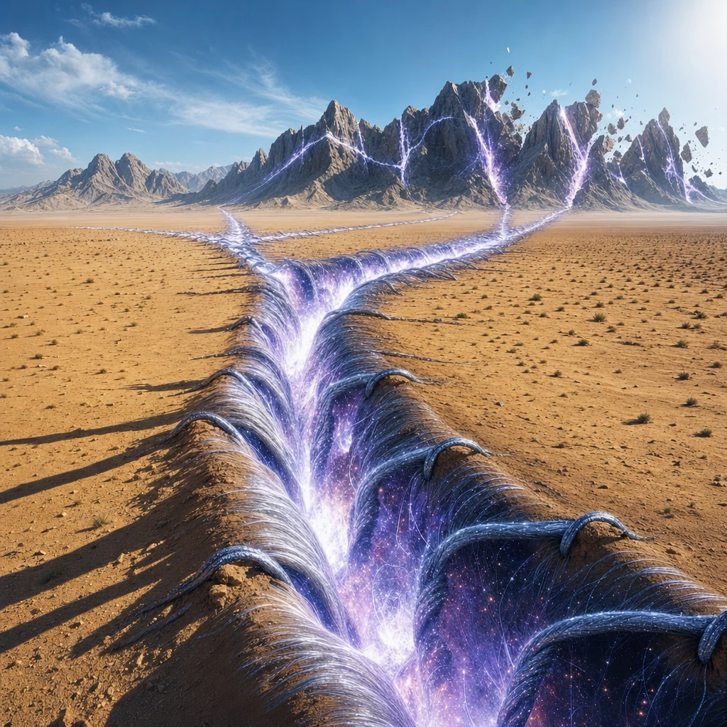 A vast desert landscape bisected by an enormous cosmic seam—thick, luminous threads hundreds of feet wide running across the sand like surgical sutures holding reality together. Where stitches fray and pull apart, starlight bleeds through the gaps in