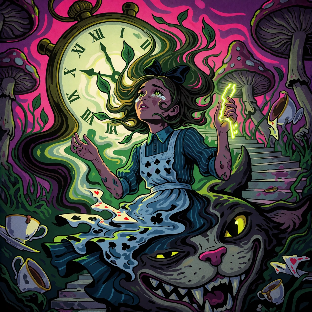 Category: 1960s Psychedelic Poster Art / Surreal Dark Fantasy Illustration Subcategory: Lost dreamer in a decaying wonderland, melting psychedelic aes