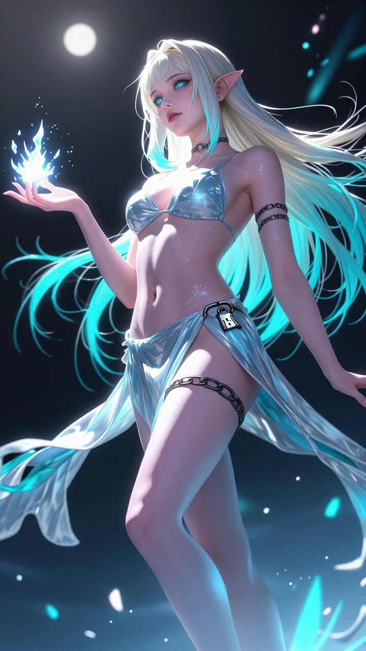 Masterpiece, best quality, ultra-detailed digital illustration, highly polished rendering, sharp clean lines, beautiful stylized proportions. Alexis Sterling as Shiva the Ice Summon Spirit from Final Fantasy, elegant ethereal ice goddess. She has lon