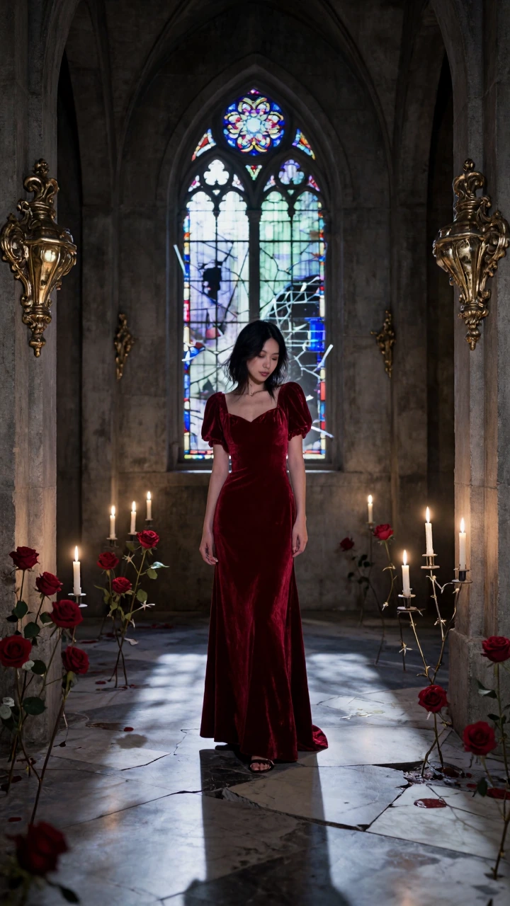 A figure in a crimson velvet gown standing in a brutalist concrete chamber, surrounded by decaying roses with thorns made of bone. Soft candlelight casting long shadows across cracked marble floors. Gothic cathedral architecture mixed with Y2K fever