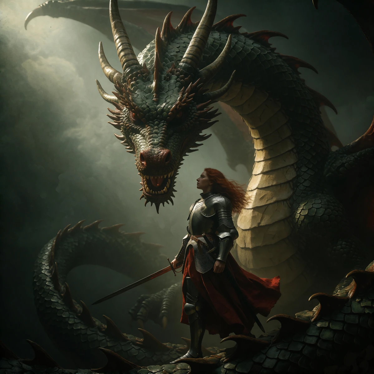 A striking, expressive and sombre work of art on the theme of the dragon, in Vermeer’s characteristic artistic style and atmosphere. With a texture reminiscent of parchment, in sepia and greenish tones evoking the Renaissance, a red-haired knight, re
