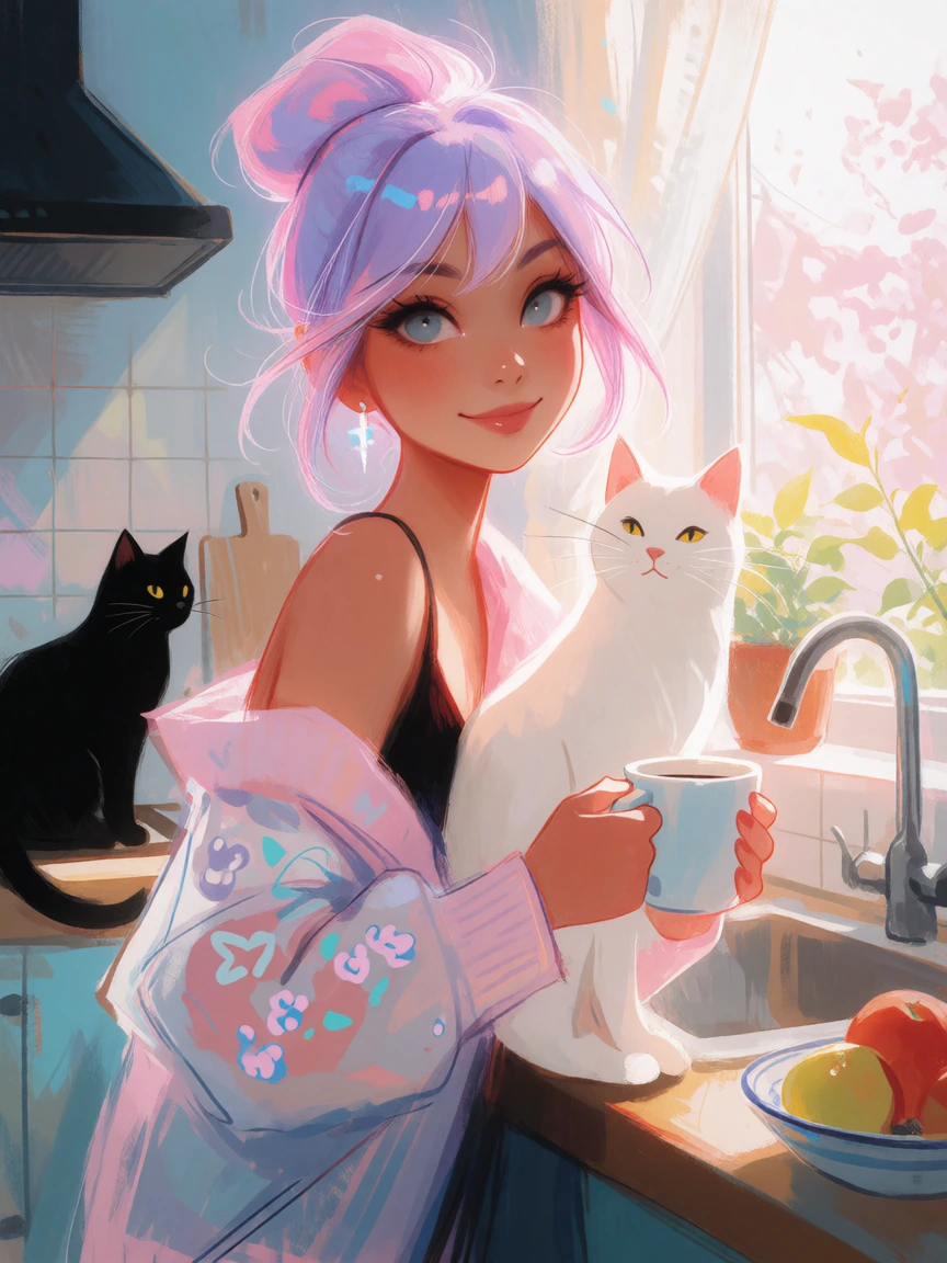 Beautiful woman, lavender and pink messy bun hair, morning in the kitchen with her cat. comfortcore photo manga mix