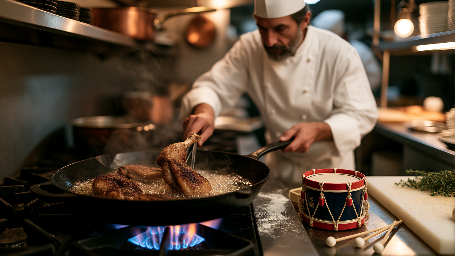 A professional restaurant kitchen with a stainless steel commercial gas range, blue flames under a heavy black cast iron skillet. In the skillet, piec