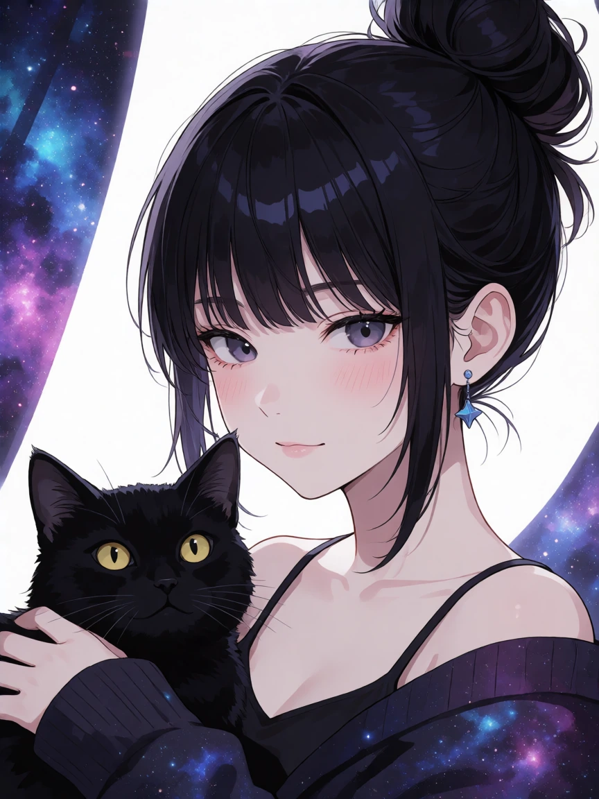 Realistic anime woman space bun hair with bangs, with a cat, galaxy decor