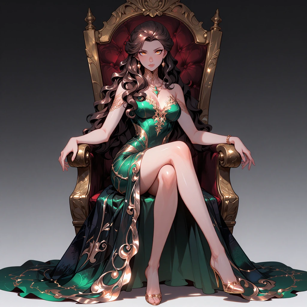 sophia vale in a high-fashion full-length gown with emerald and rose gold accents, long dramatic sli…